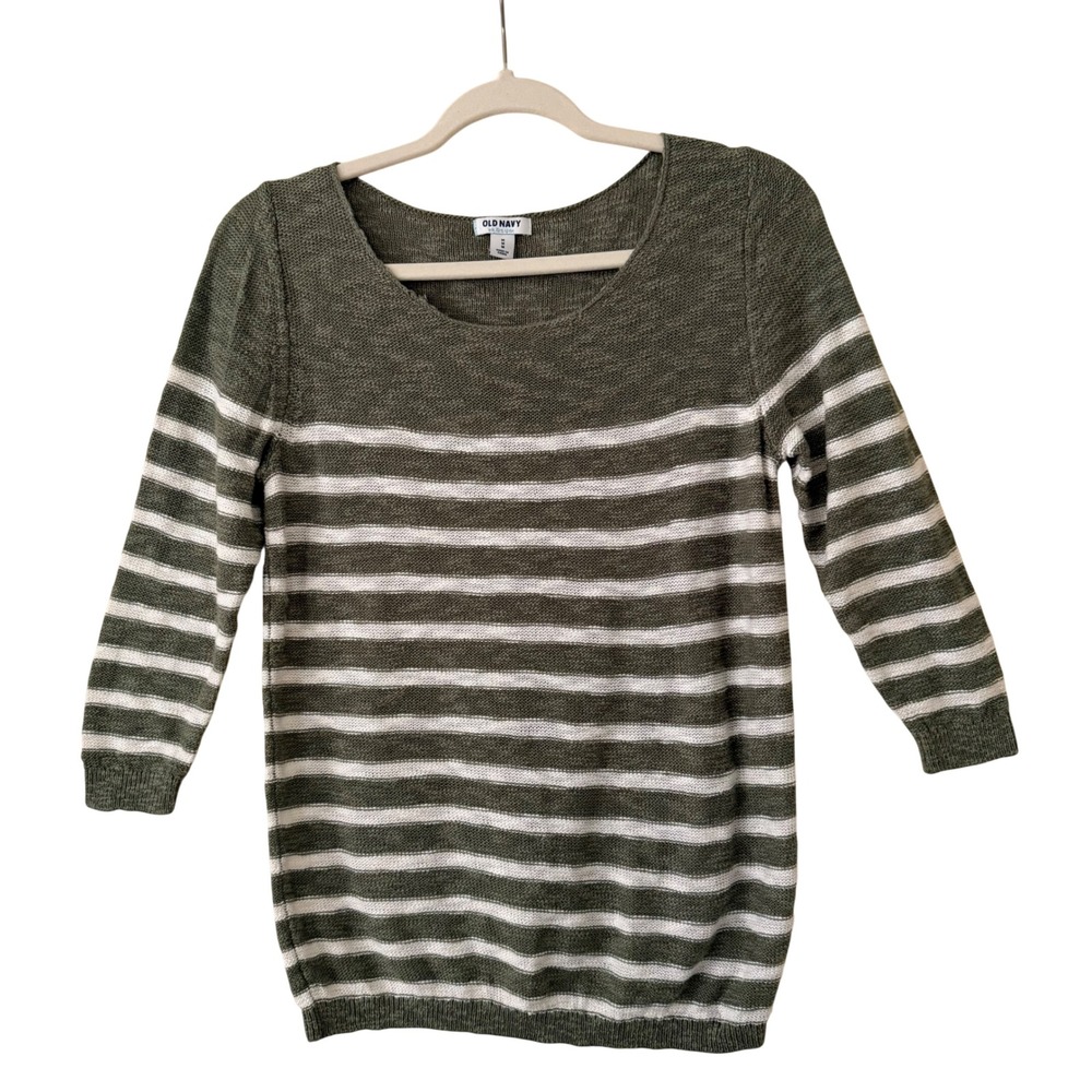 Old Navy Womens Olive Green White Striped Scoop Neck 3/4 Sleeve Knit Sweater M